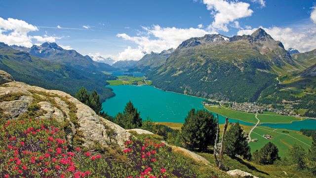 panoramic view of swiss alps overlooking a lake