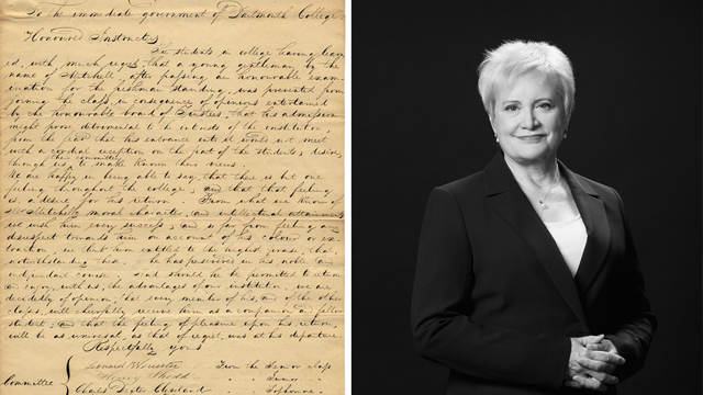 Collage of Susan Dentzer headshot and historical Dartmouth honor document