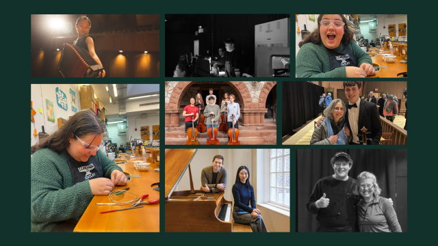 A collage of four different students doing artistic endeavors like playing instruments or working on jewelry..