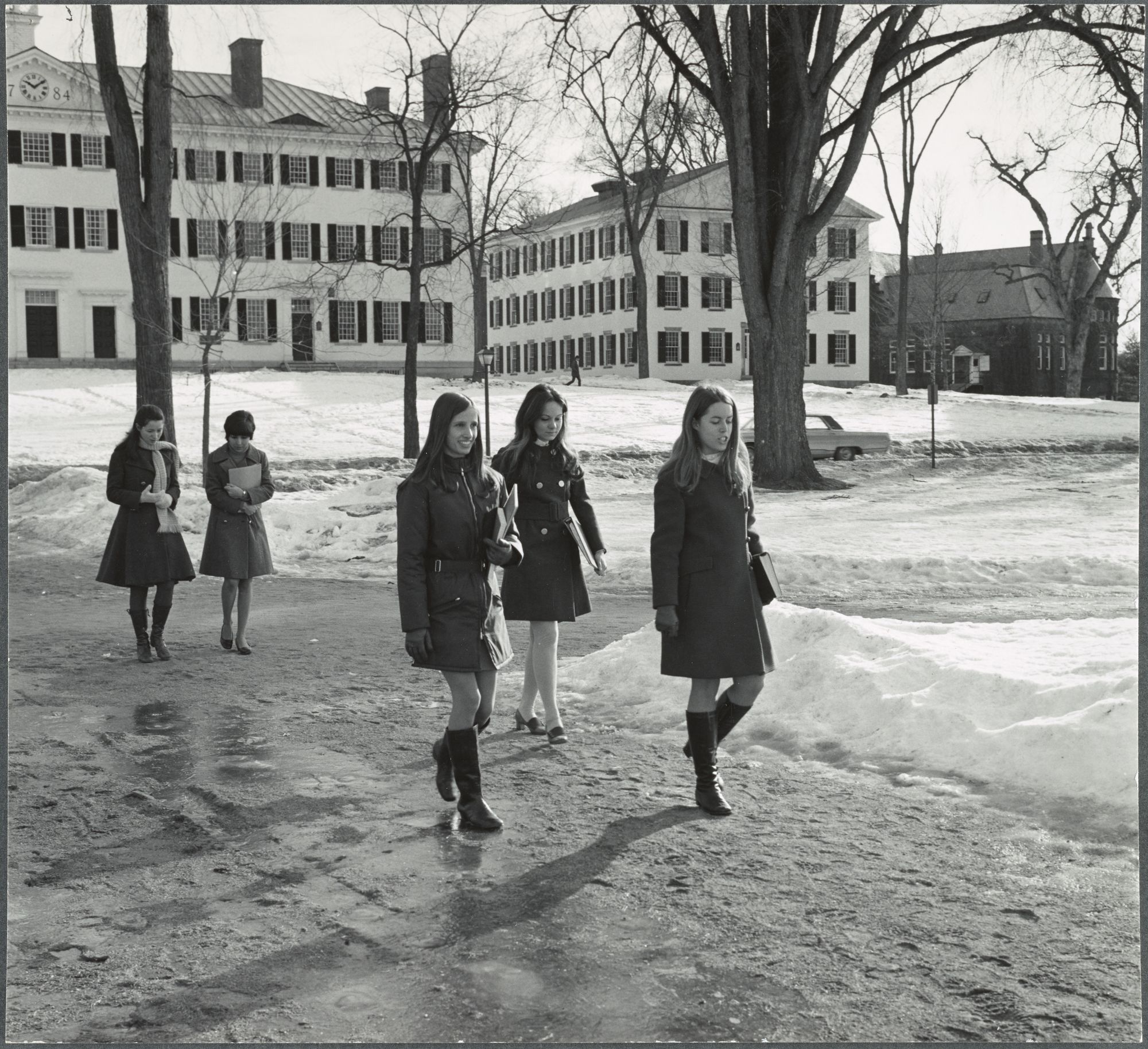 Female students walking in front of Dartmouth Hall in 1972